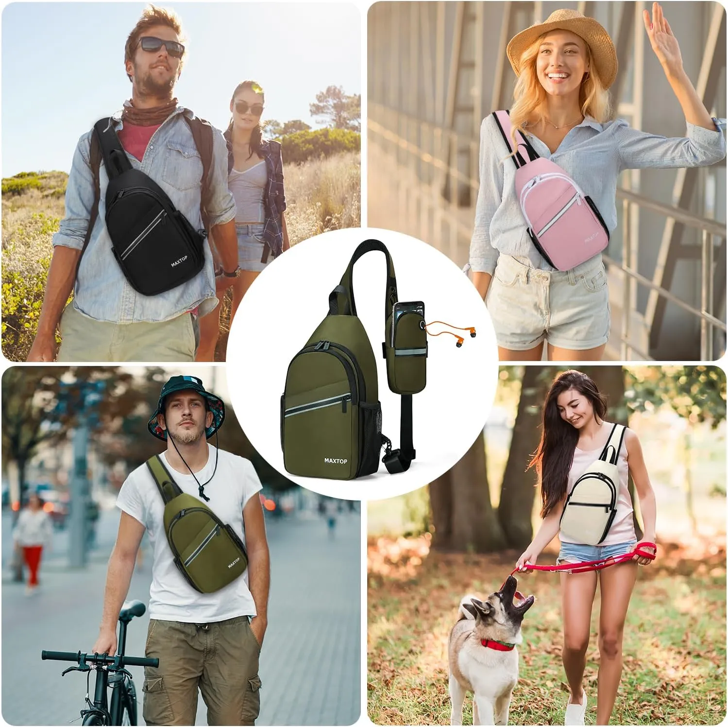 MAXTOP Sling Backpack Crossbody Sling Bag with Detachable Phone Bag for Unisex Multipurpose Travel Hiking Chest Bag