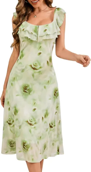 Meetjen Women's Summer Midi Floral Dress 2025 Ruffle Boho Sundresses Flowy Mesh Beach Wedding Guest Dresses