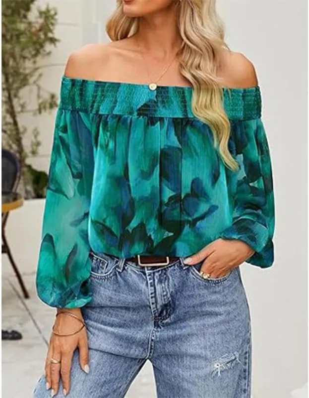 Melliflo Women's Off-Shoulder Ruffle Print Tops Puff Long Sleeve Summer Casual Loose Fit Chiffon Shirts Blouse