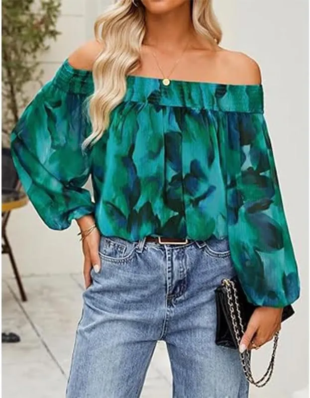 Melliflo Women's Off-Shoulder Ruffle Print Tops Puff Long Sleeve Summer Casual Loose Fit Chiffon Shirts Blouse