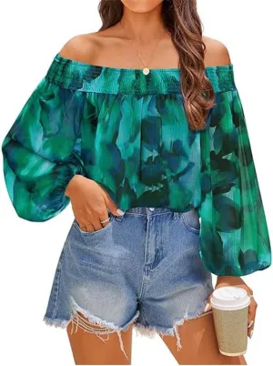 Melliflo Women's Off-Shoulder Ruffle Print Tops Puff Long Sleeve Summer Casual Loose Fit Chiffon Shirts Blouse