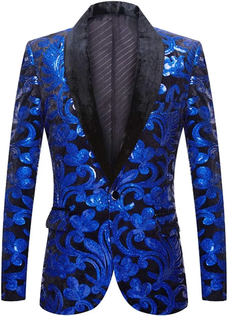 Men Fashion Velvet Sequins Floral Pattern Suit Jacket Blazer
