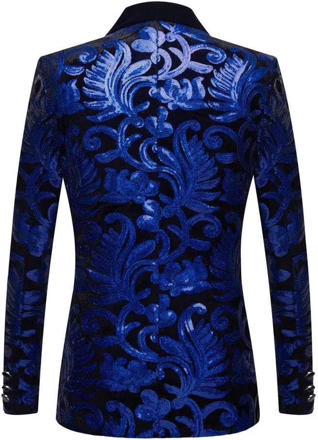 Men Fashion Velvet Sequins Floral Pattern Suit Jacket Blazer