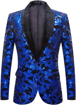 Men Fashion Velvet Sequins Floral Pattern Suit Jacket Blazer