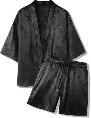 Men's 2 Piece Vacation Outfits Floral Jacquard Half Sleeve Kimono Shirt Silk Robe Japanese Cardigan and Shorts Set