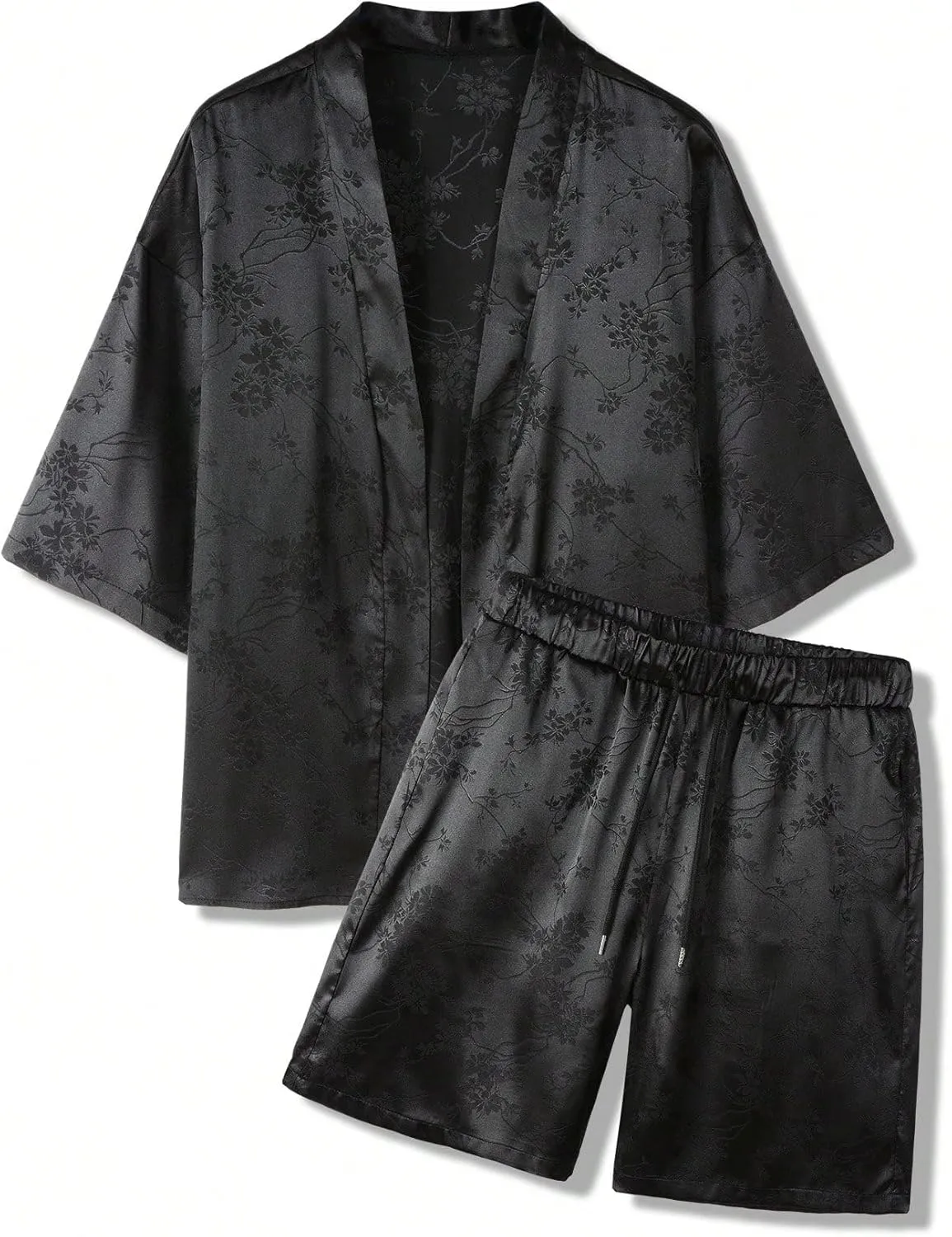 Men's 2 Piece Vacation Outfits Floral Jacquard Half Sleeve Kimono Shirt Silk Robe Japanese Cardigan and Shorts Set
