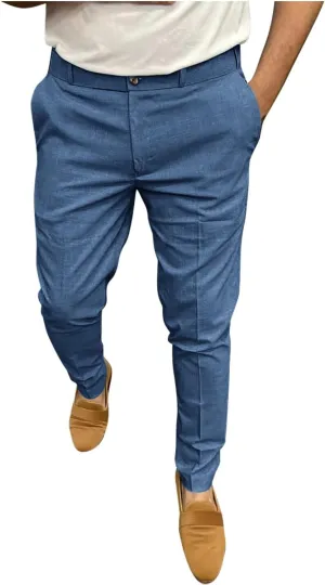 Mens Business Casual Pants Slim Fit Cotton Lightweight Straight Leg Pants with Pockets Retro Skinny Work Pants