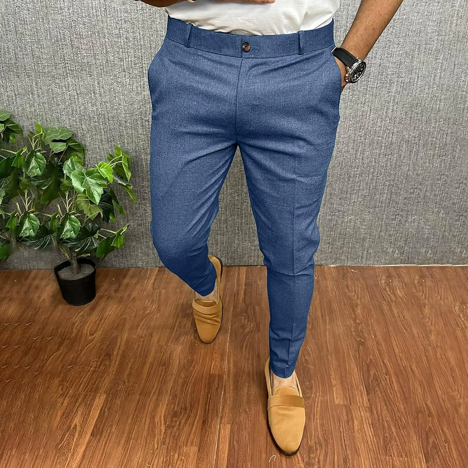 Mens Business Casual Pants Slim Fit Cotton Lightweight Straight Leg Pants with Pockets Retro Skinny Work Pants