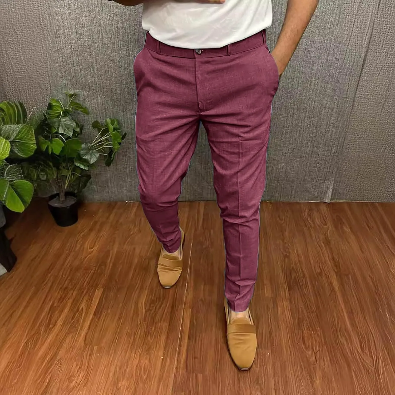 Mens Business Casual Pants Slim Fit Cotton Lightweight Straight Leg Pants with Pockets Retro Skinny Work Pants