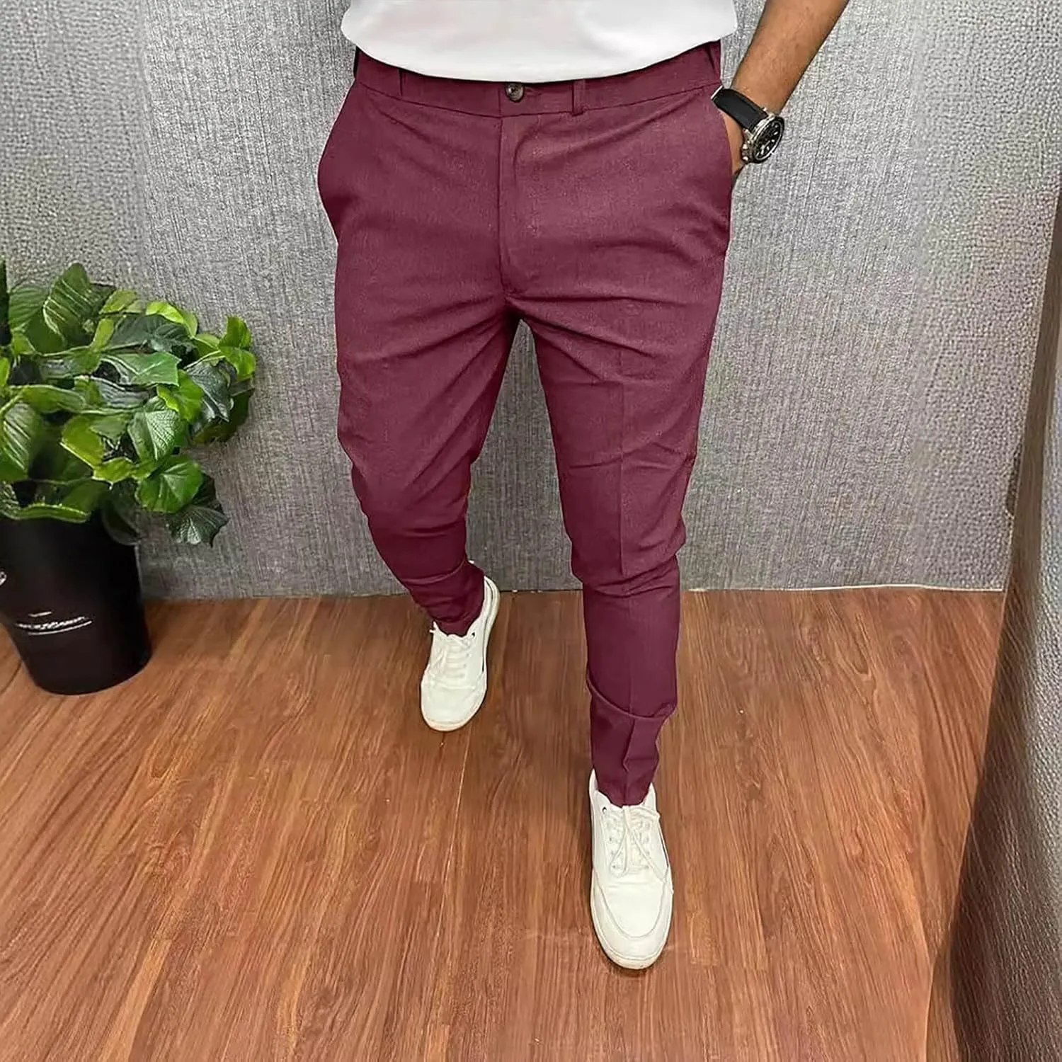 Mens Business Casual Pants Slim Fit Cotton Lightweight Straight Leg Pants with Pockets Retro Skinny Work Pants