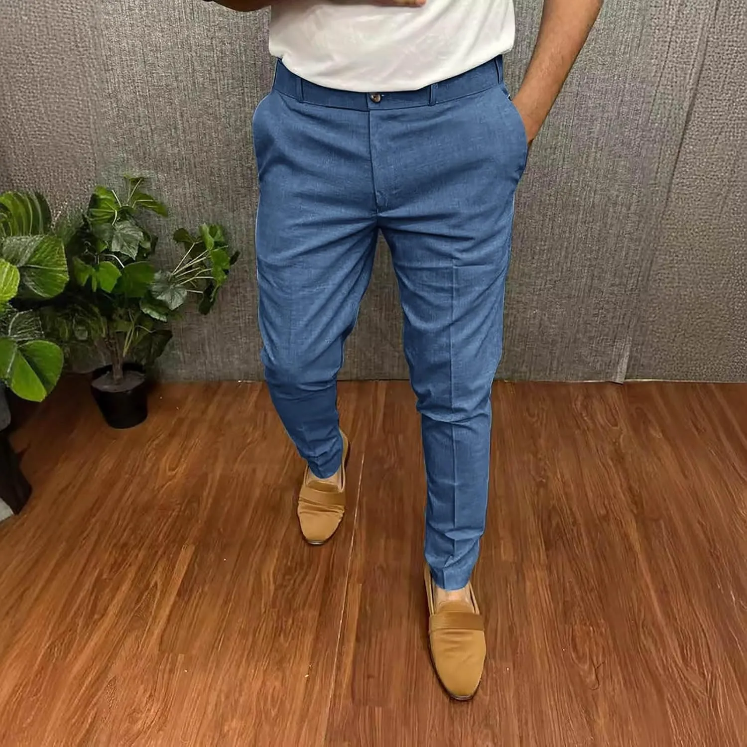 Mens Business Casual Pants Slim Fit Cotton Lightweight Straight Leg Pants with Pockets Retro Skinny Work Pants