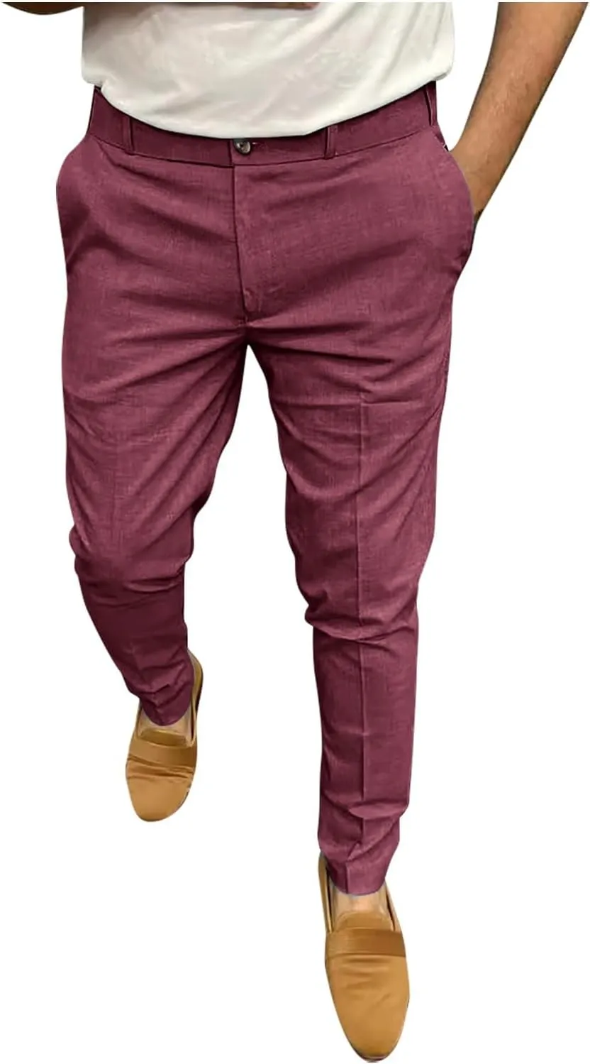 Mens Business Casual Pants Slim Fit Cotton Lightweight Straight Leg Pants with Pockets Retro Skinny Work Pants