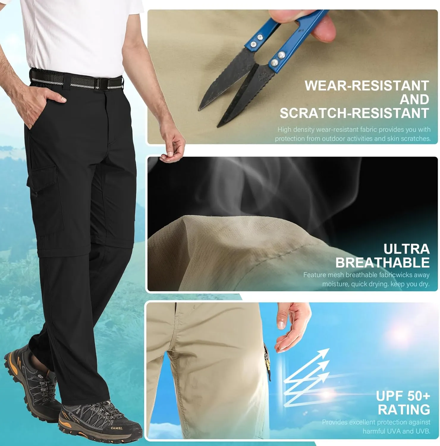 Mens Hiking Pants Convertible Lightweight Quick Dry Zip Off Fishing Safari Camping Travel boy Scout Pants