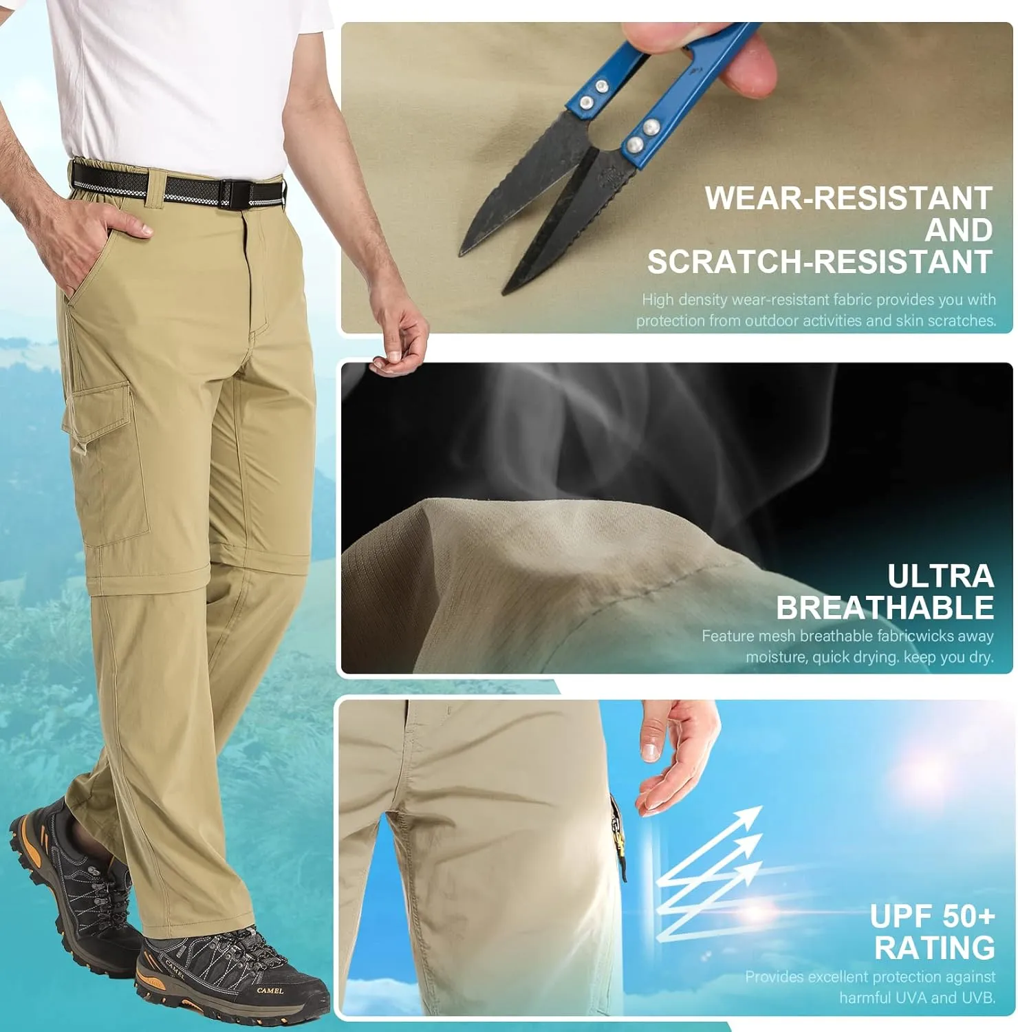Mens Hiking Pants Convertible Lightweight Quick Dry Zip Off Fishing Safari Camping Travel boy Scout Pants