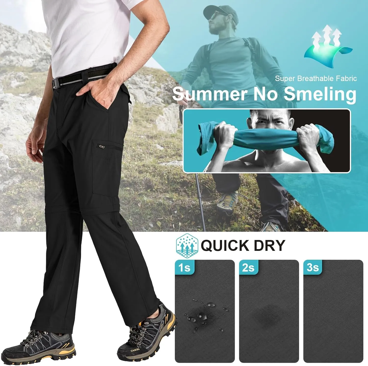 Mens Hiking Pants Convertible Lightweight Quick Dry Zip Off Fishing Safari Camping Travel boy Scout Pants