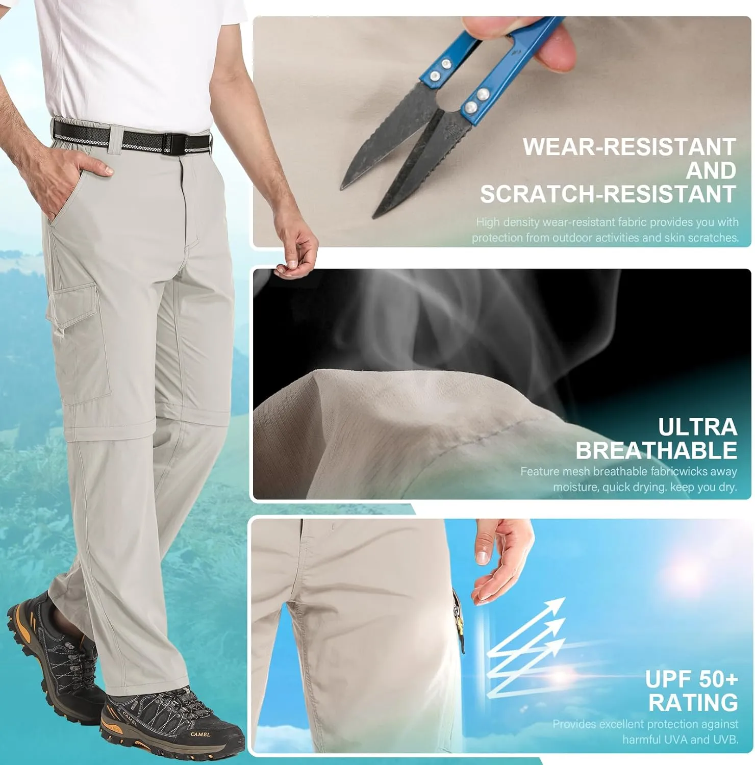 Mens Hiking Pants Convertible Lightweight Quick Dry Zip Off Fishing Safari Camping Travel boy Scout Pants