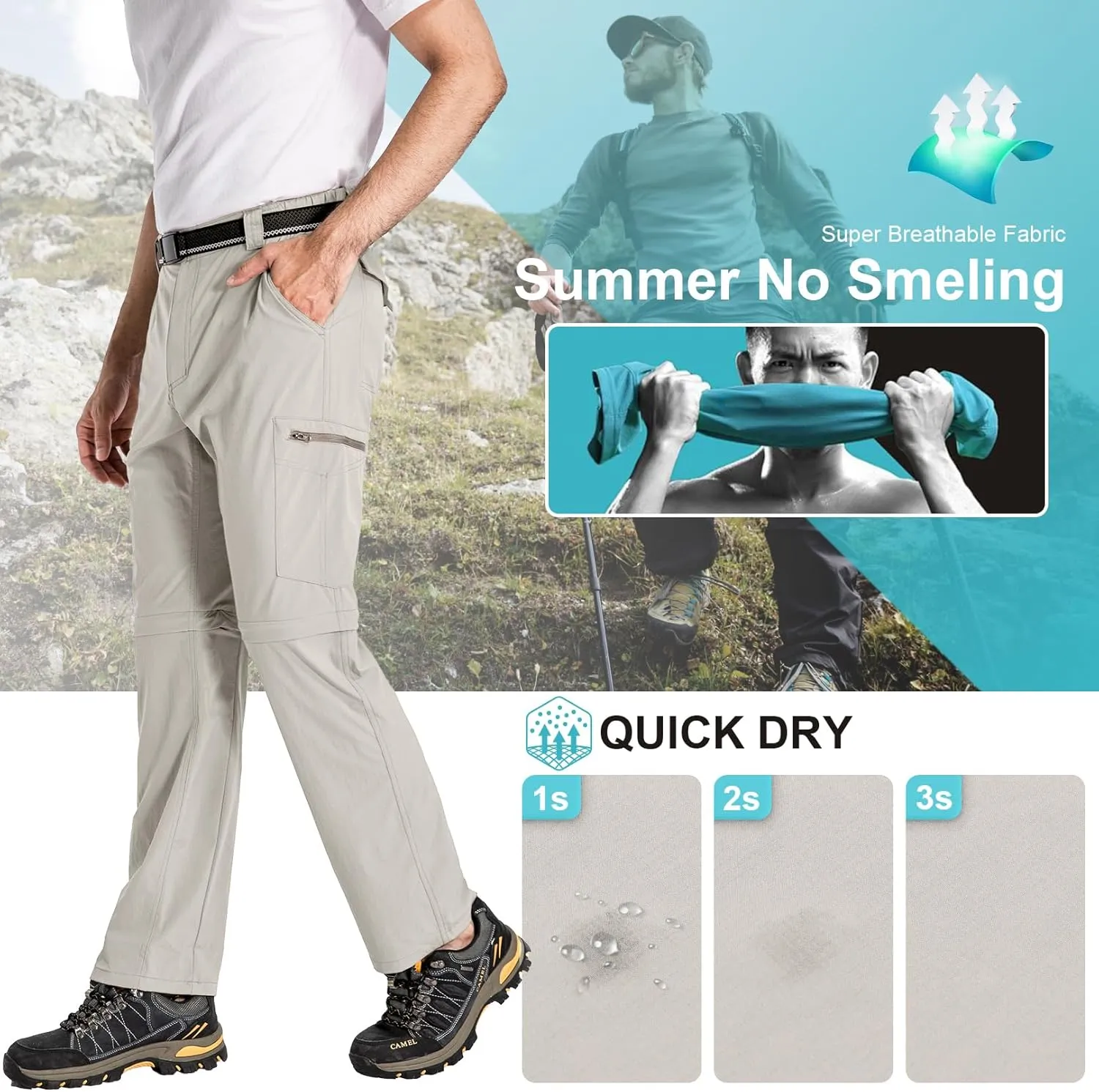 Mens Hiking Pants Convertible Lightweight Quick Dry Zip Off Fishing Safari Camping Travel boy Scout Pants