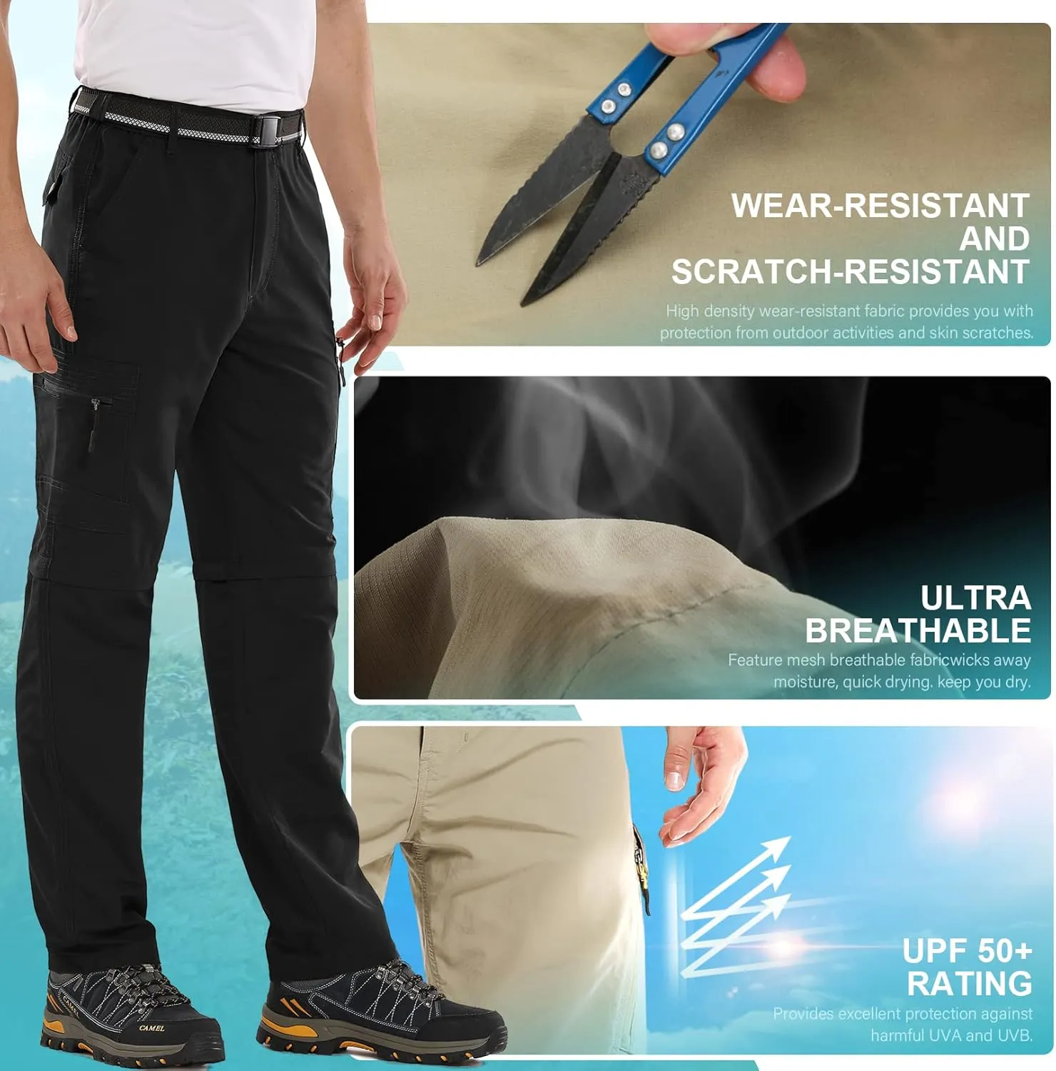 Mens Hiking Pants Convertible Zip Off Lightweight Quick Dry Fishing Safari Camping Travel boy Scout Pants