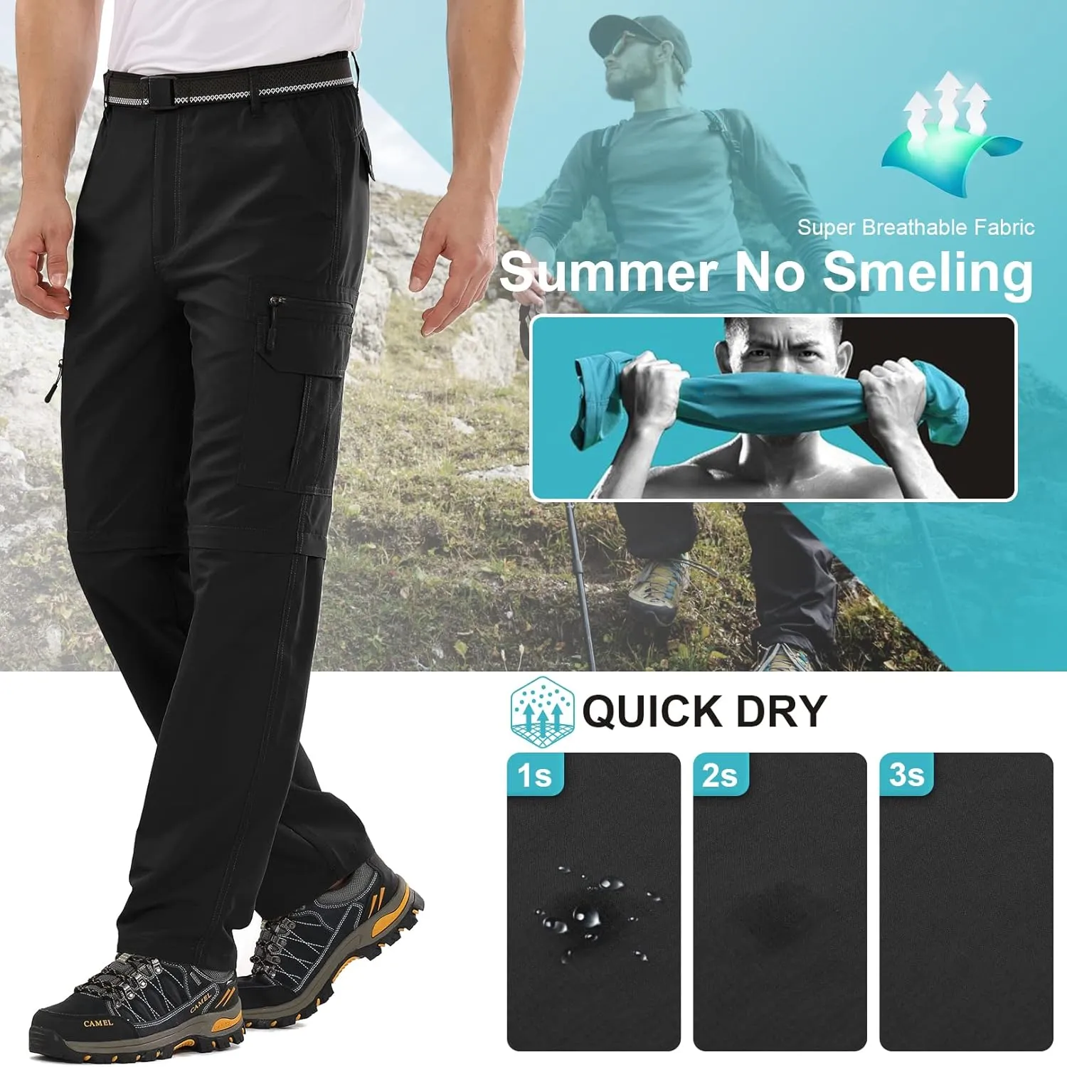 Mens Hiking Pants Convertible Zip Off Lightweight Quick Dry Fishing Safari Camping Travel boy Scout Pants