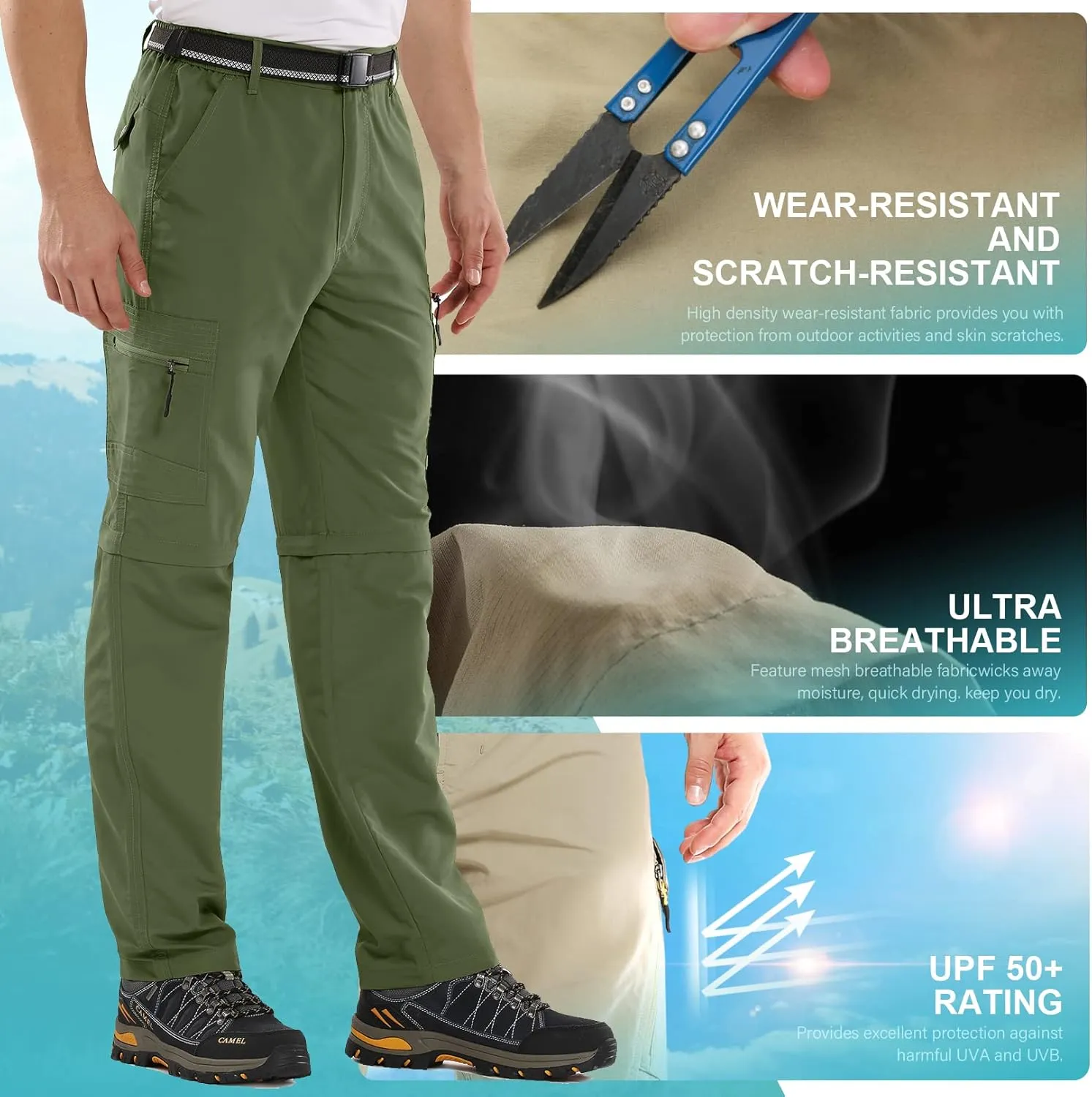 Mens Hiking Pants Convertible Zip Off Lightweight Quick Dry Fishing Safari Camping Travel boy Scout Pants
