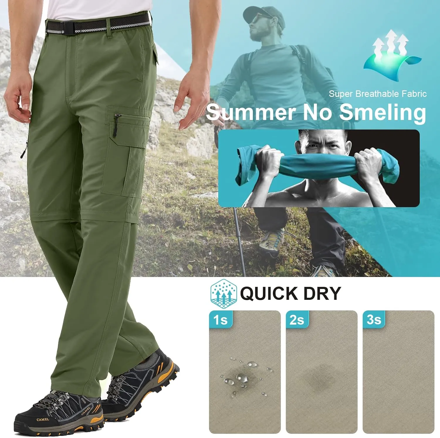 Mens Hiking Pants Convertible Zip Off Lightweight Quick Dry Fishing Safari Camping Travel boy Scout Pants