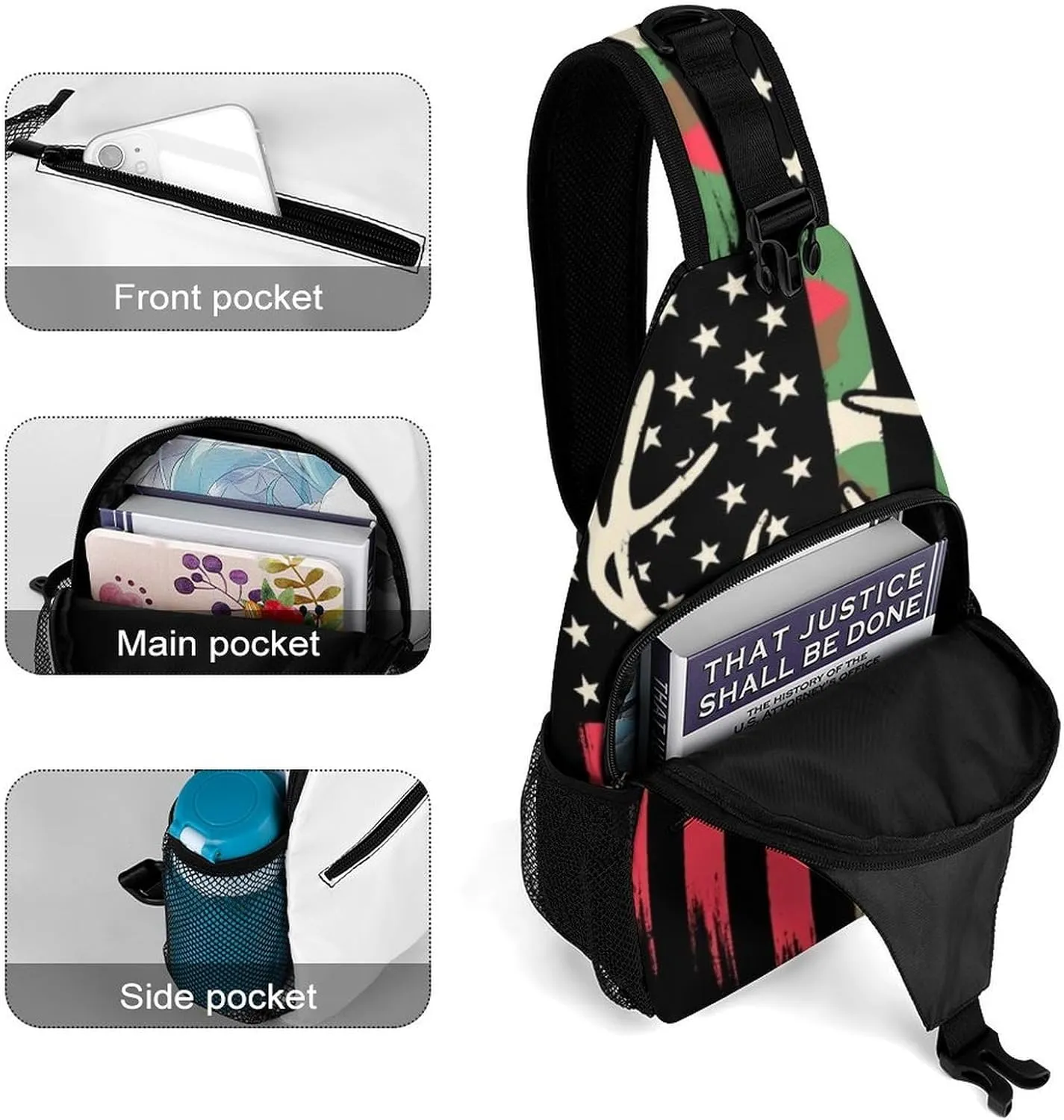 Men's Large Capacity Sports Sling Bag, Durable Camouflage American Flag Hunting Deer Camo Black Crossbody Backpack Shoulder Bags Chest Pack with Breathable Shoulder Strap