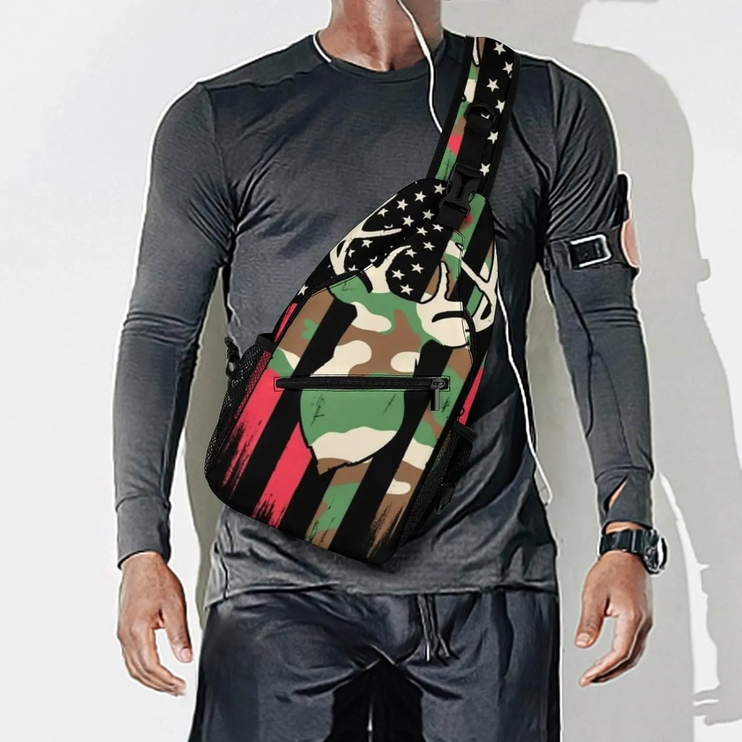Men's Large Capacity Sports Sling Bag, Durable Camouflage American Flag Hunting Deer Camo Black Crossbody Backpack Shoulder Bags Chest Pack with Breathable Shoulder Strap