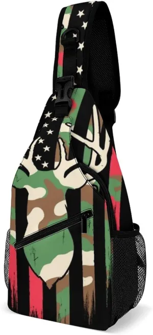 Men's Large Capacity Sports Sling Bag, Durable Camouflage American Flag Hunting Deer Camo Black Crossbody Backpack Shoulder Bags Chest Pack with Breathable Shoulder Strap