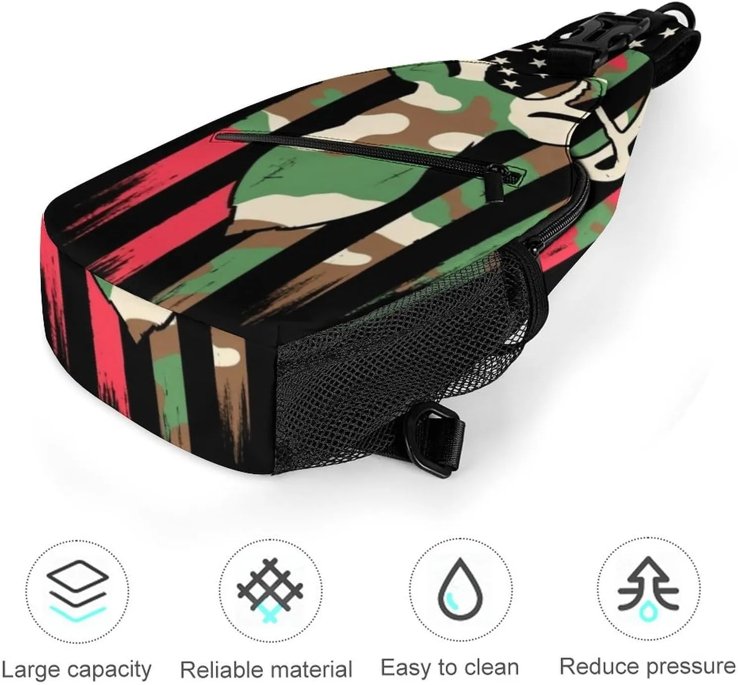 Men's Large Capacity Sports Sling Bag, Durable Camouflage American Flag Hunting Deer Camo Black Crossbody Backpack Shoulder Bags Chest Pack with Breathable Shoulder Strap