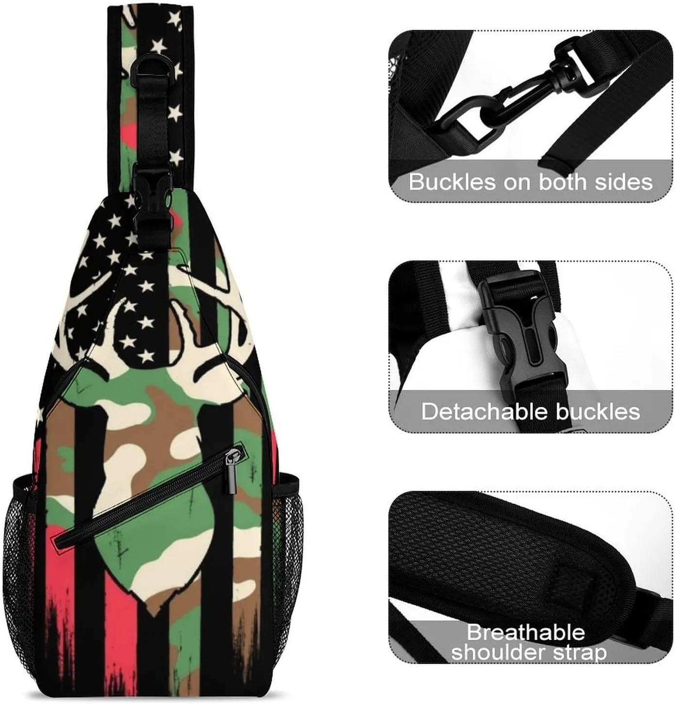 Men's Large Capacity Sports Sling Bag, Durable Camouflage American Flag Hunting Deer Camo Black Crossbody Backpack Shoulder Bags Chest Pack with Breathable Shoulder Strap