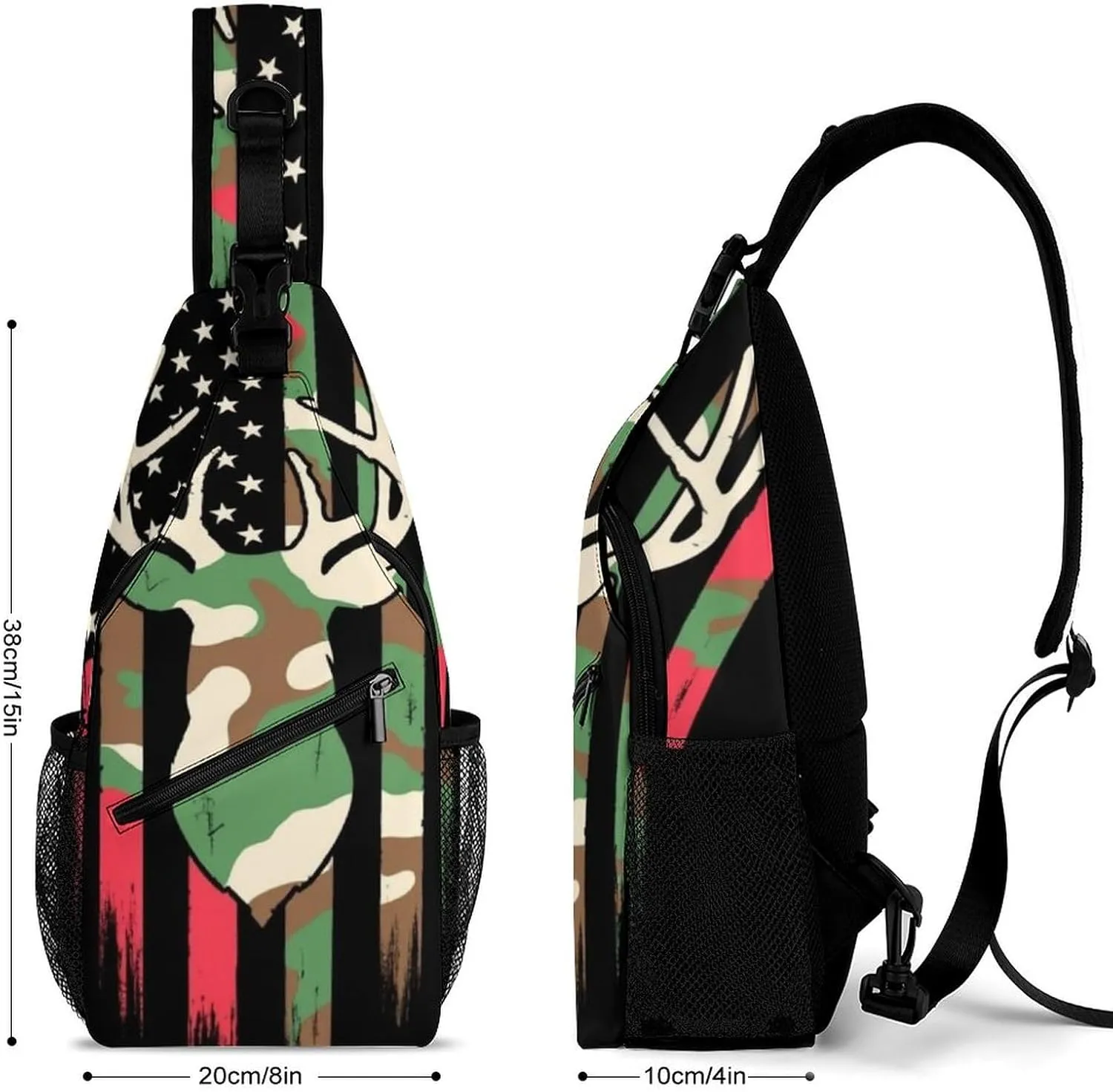 Men's Large Capacity Sports Sling Bag, Durable Camouflage American Flag Hunting Deer Camo Black Crossbody Backpack Shoulder Bags Chest Pack with Breathable Shoulder Strap