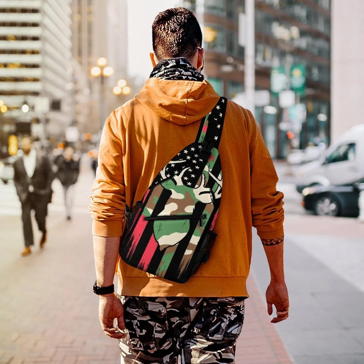 Men's Large Capacity Sports Sling Bag, Durable Camouflage American Flag Hunting Deer Camo Black Crossbody Backpack Shoulder Bags Chest Pack with Breathable Shoulder Strap
