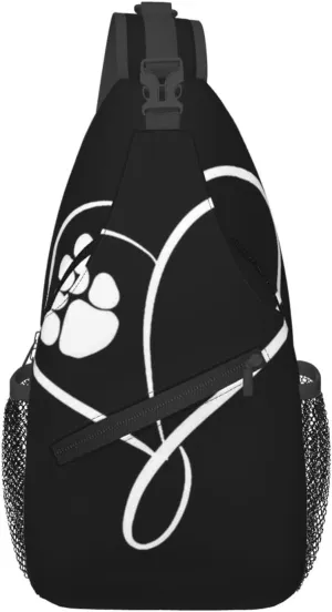 Mens Sling Bag Shoulder Backpacks for Cat Dog Paw Prints Heart Black Chest Bags, Anti Theft Crossbody Bag Multi Purpose Daypacks for Hiking Sports