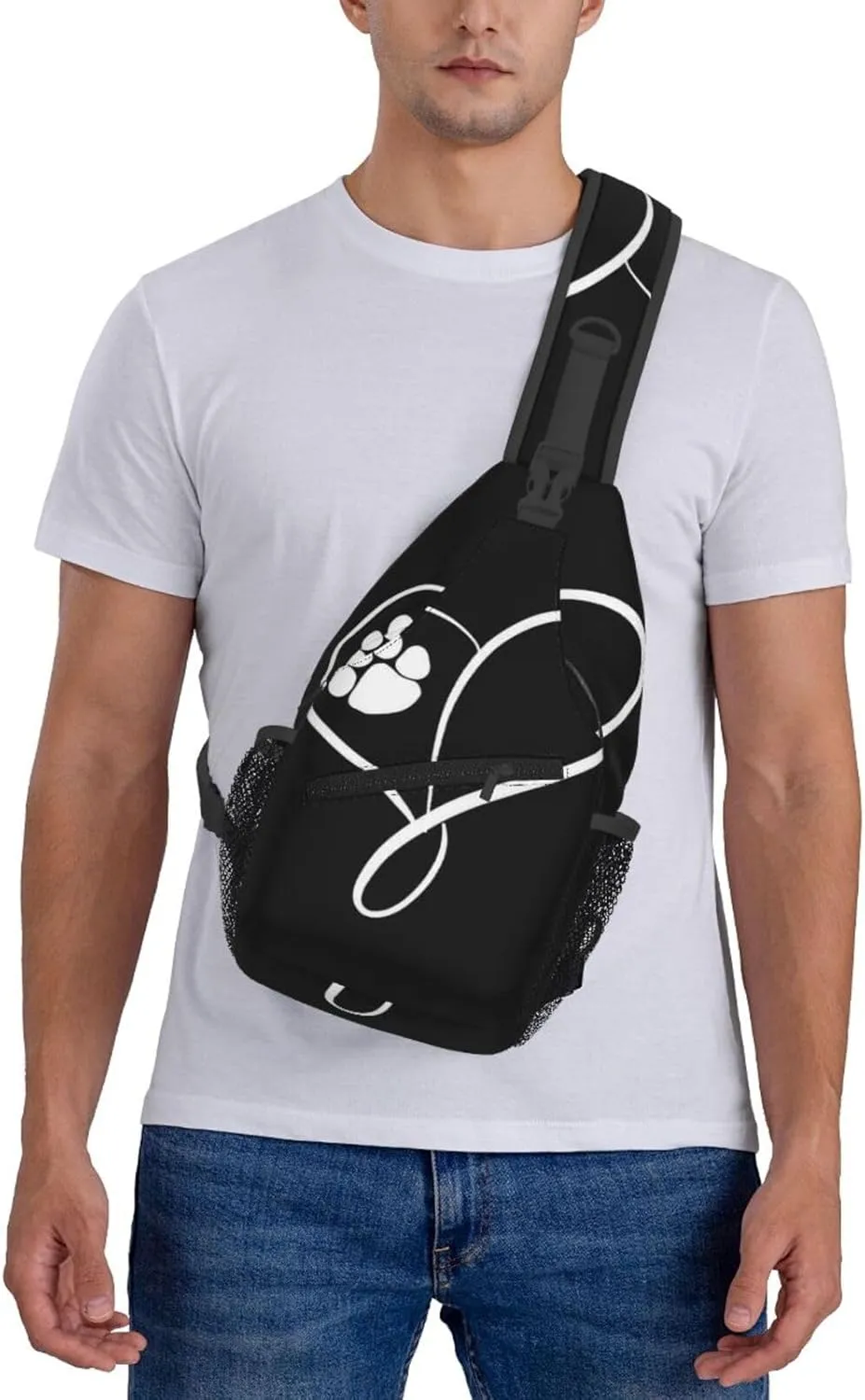 Mens Sling Bag Shoulder Backpacks for Cat Dog Paw Prints Heart Black Chest Bags, Anti Theft Crossbody Bag Multi Purpose Daypacks for Hiking Sports