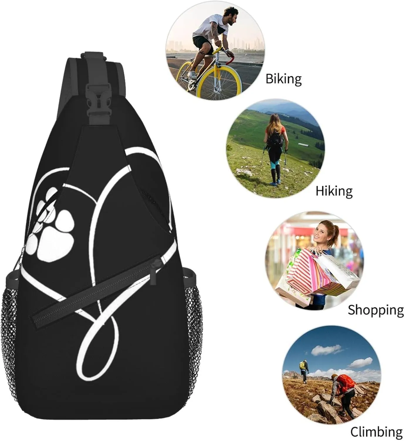 Mens Sling Bag Shoulder Backpacks for Cat Dog Paw Prints Heart Black Chest Bags, Anti Theft Crossbody Bag Multi Purpose Daypacks for Hiking Sports