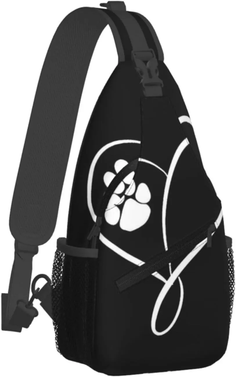 Mens Sling Bag Shoulder Backpacks for Cat Dog Paw Prints Heart Black Chest Bags, Anti Theft Crossbody Bag Multi Purpose Daypacks for Hiking Sports