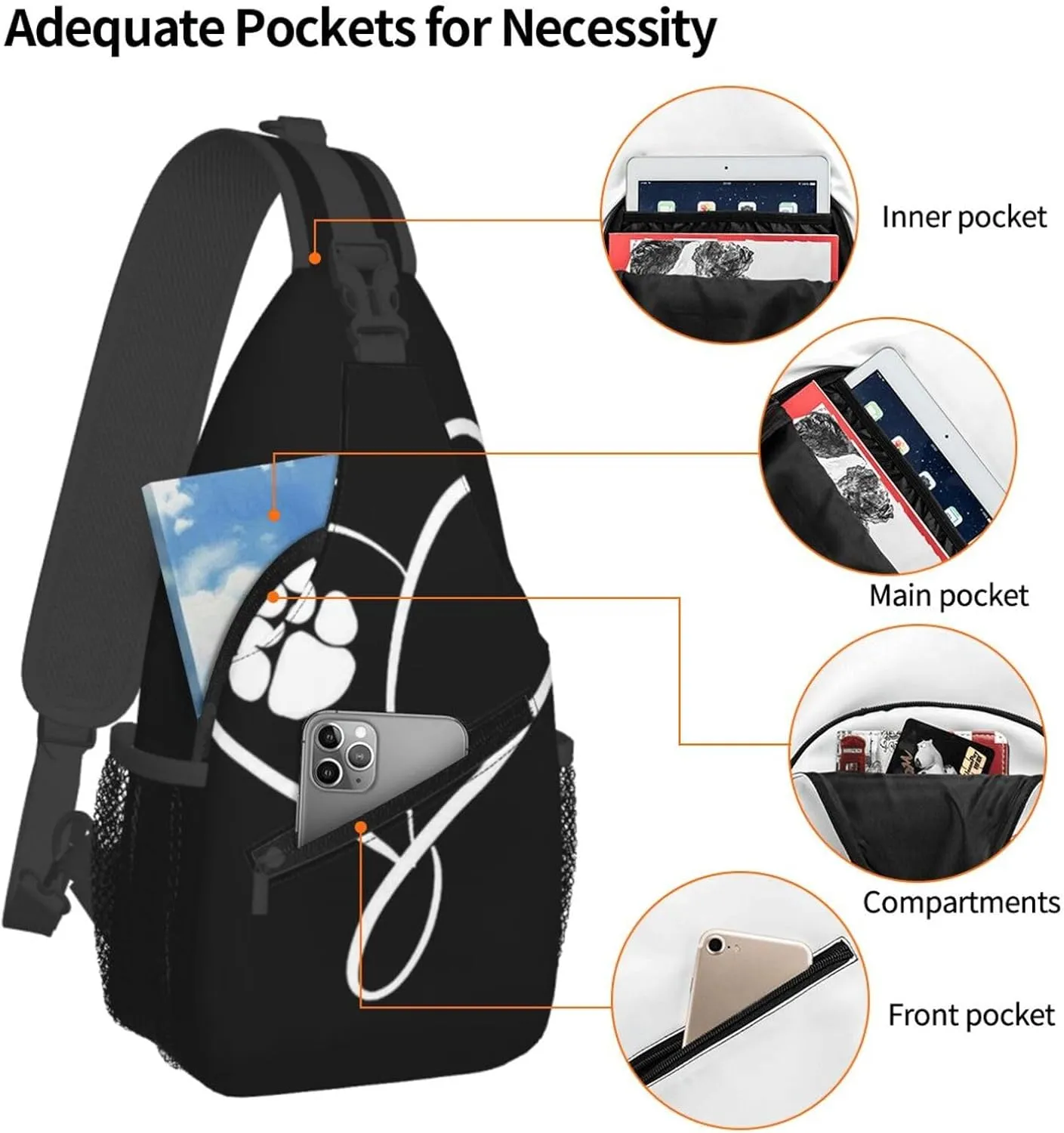 Mens Sling Bag Shoulder Backpacks for Cat Dog Paw Prints Heart Black Chest Bags, Anti Theft Crossbody Bag Multi Purpose Daypacks for Hiking Sports