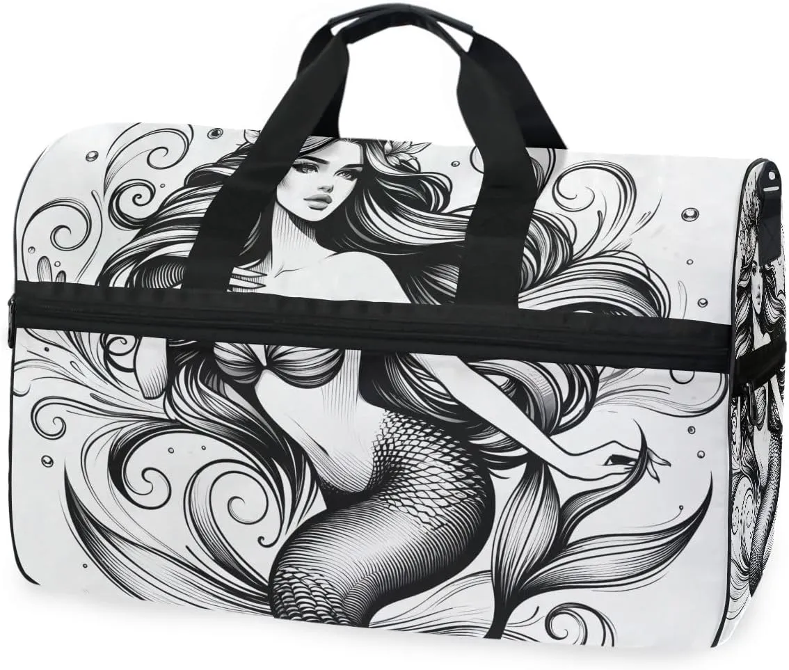 Mermaid Sketch Travel Duffel Bag Luggage Sports Gym Bags With Shoes Compartment Large Capacity Lightweight Duffle Bag For Men Women