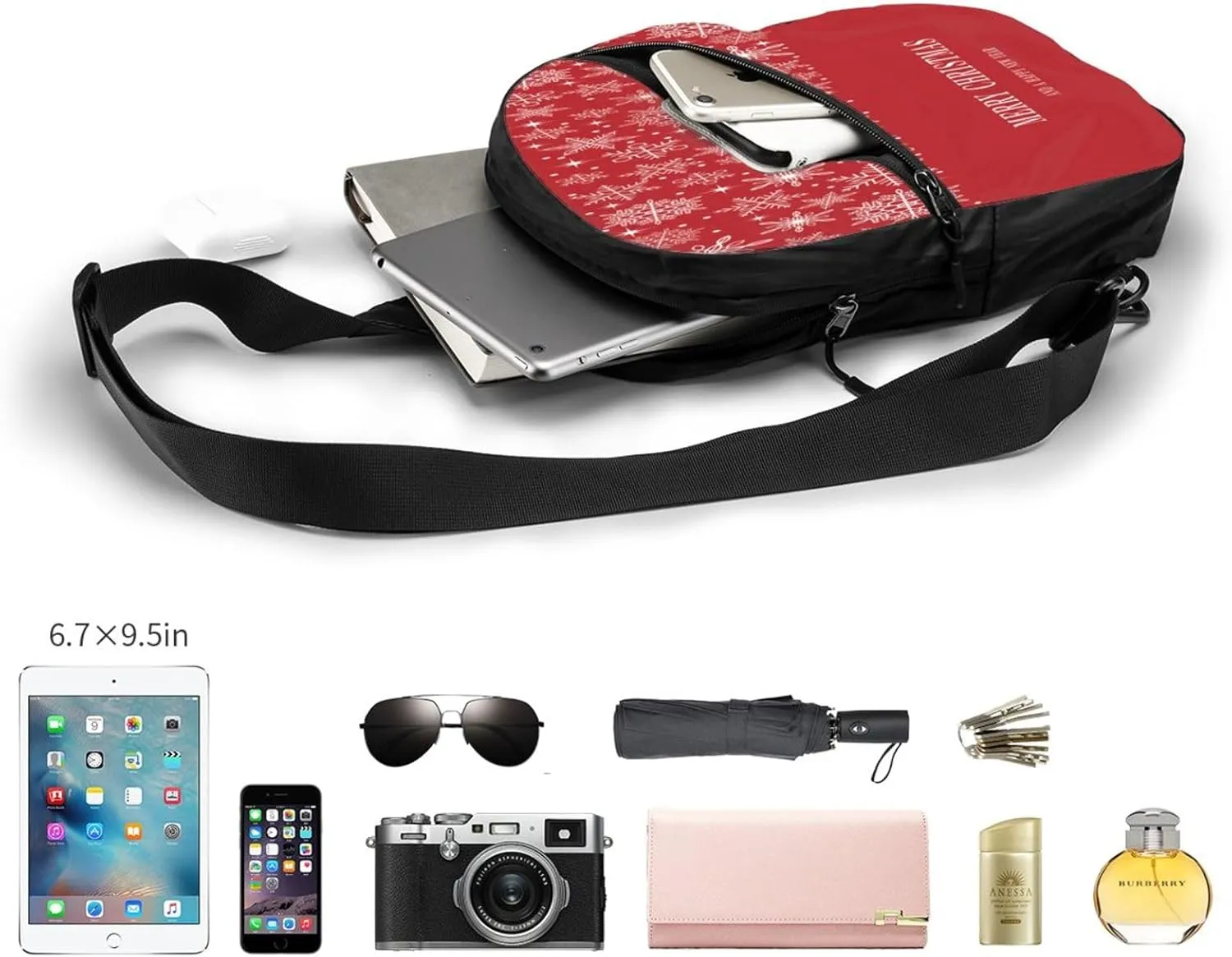 Merry Christmas Snowflake Red Sling Bag for Men Women, Small Crossbody Sling Backpack Shoulder Chest Bag, Anti Theft Travel Hiking Sports