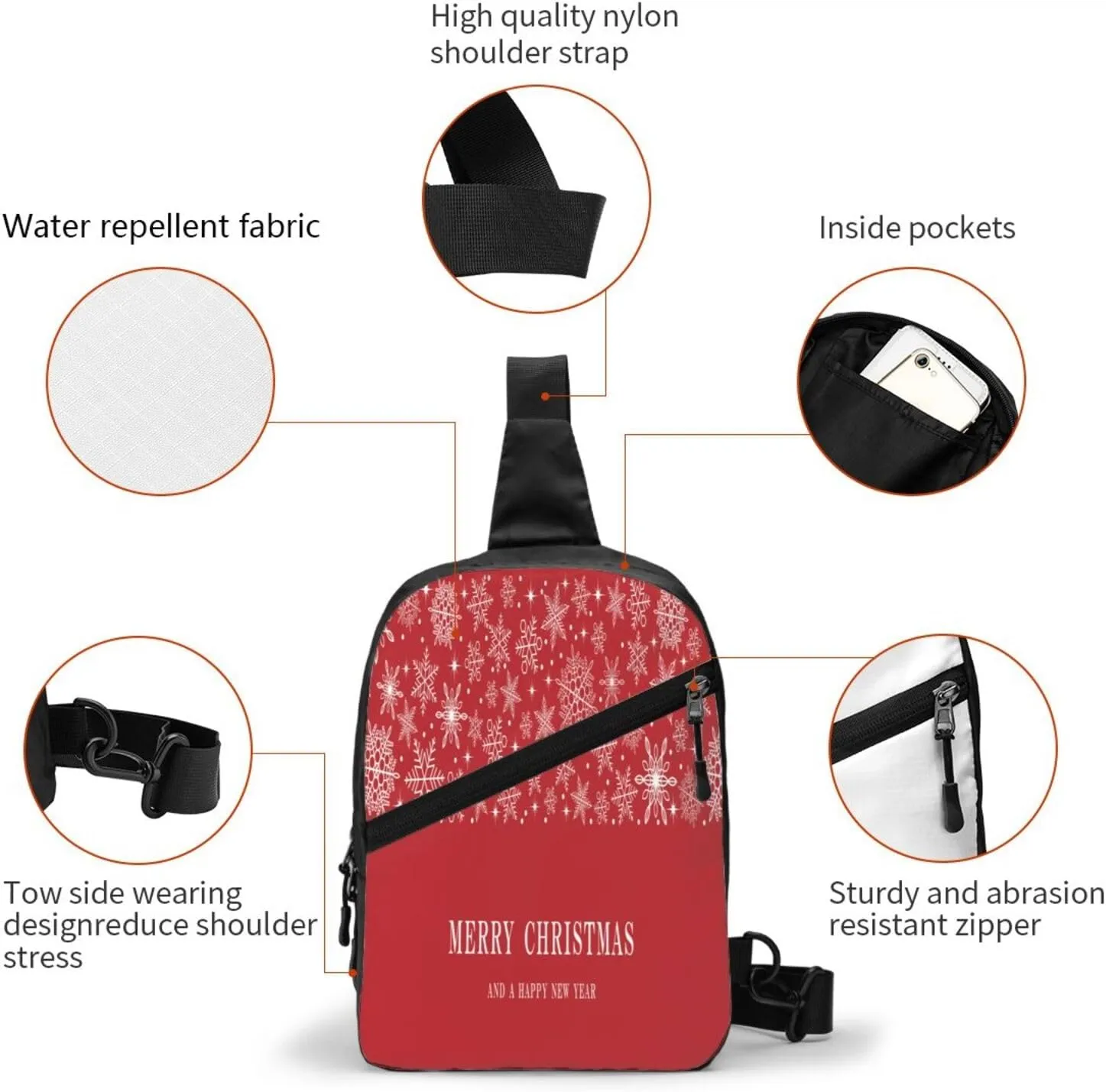 Merry Christmas Snowflake Red Sling Bag for Men Women, Small Crossbody Sling Backpack Shoulder Chest Bag, Anti Theft Travel Hiking Sports