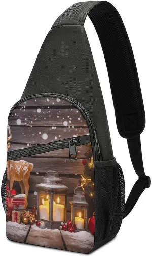 Merry Christmas Wooden Board Candle Deer Sling Bag Casual Chest Bag Crossbody Shoulder Backpack Sport Travel Hiking Daypack for Women Men