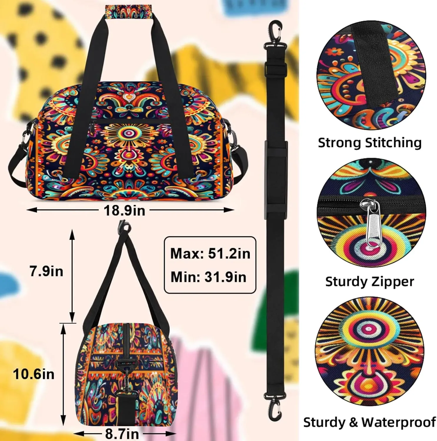 Mexica Flower Floral Small Gym Bag 18 inch Carry On Duffel Bag for Weekender Travel Sports Workout Yoga Gymnastics Dance Ballet