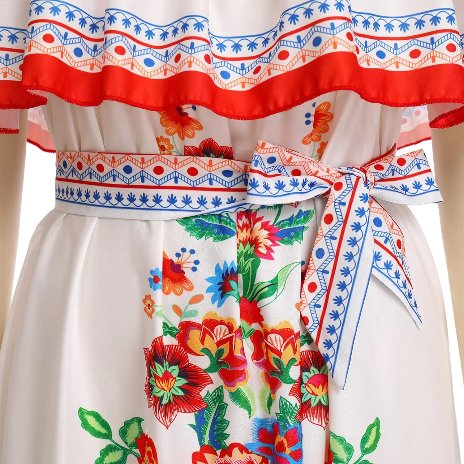 Mexican Dress for Women Off Shoulder Floral Print Long Maxi Dress Summer Cinco de Mayo Party Dresses with Belt