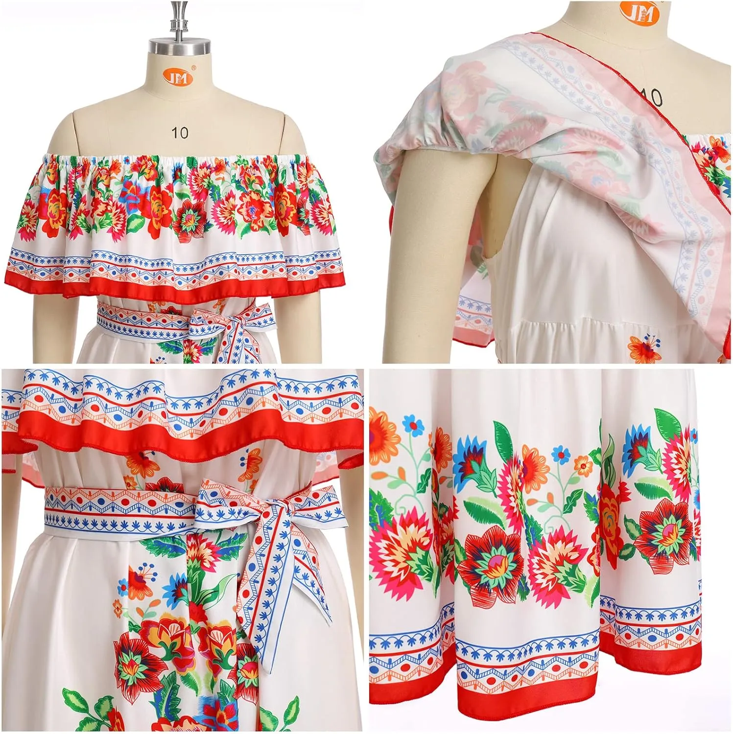 Mexican Dress for Women Off Shoulder Floral Print Long Maxi Dress Summer Cinco de Mayo Party Dresses with Belt