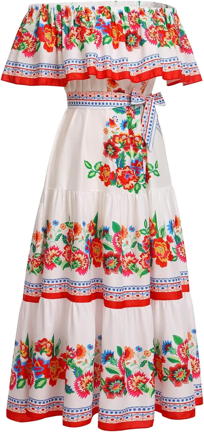 Mexican Dress for Women Off Shoulder Floral Print Long Maxi Dress Summer Cinco de Mayo Party Dresses with Belt