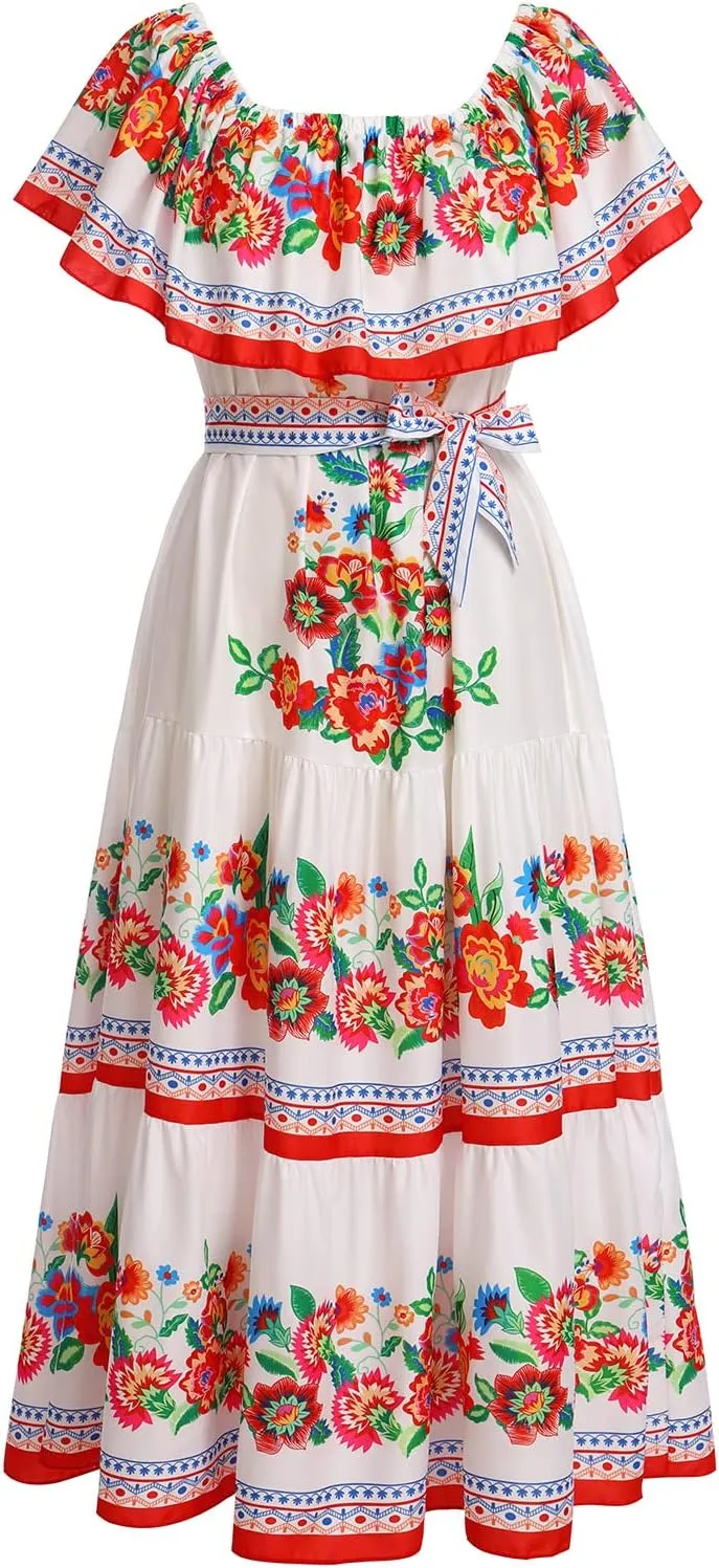 Mexican Dress for Women Off Shoulder Floral Print Long Maxi Dress Summer Cinco de Mayo Party Dresses with Belt
