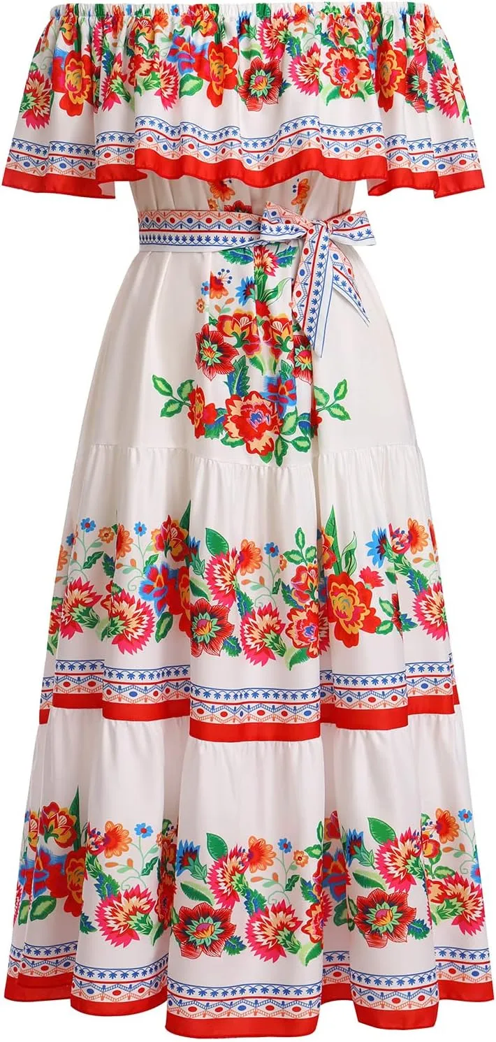 Mexican Dress for Women Off Shoulder Floral Print Long Maxi Dress Summer Cinco de Mayo Party Dresses with Belt