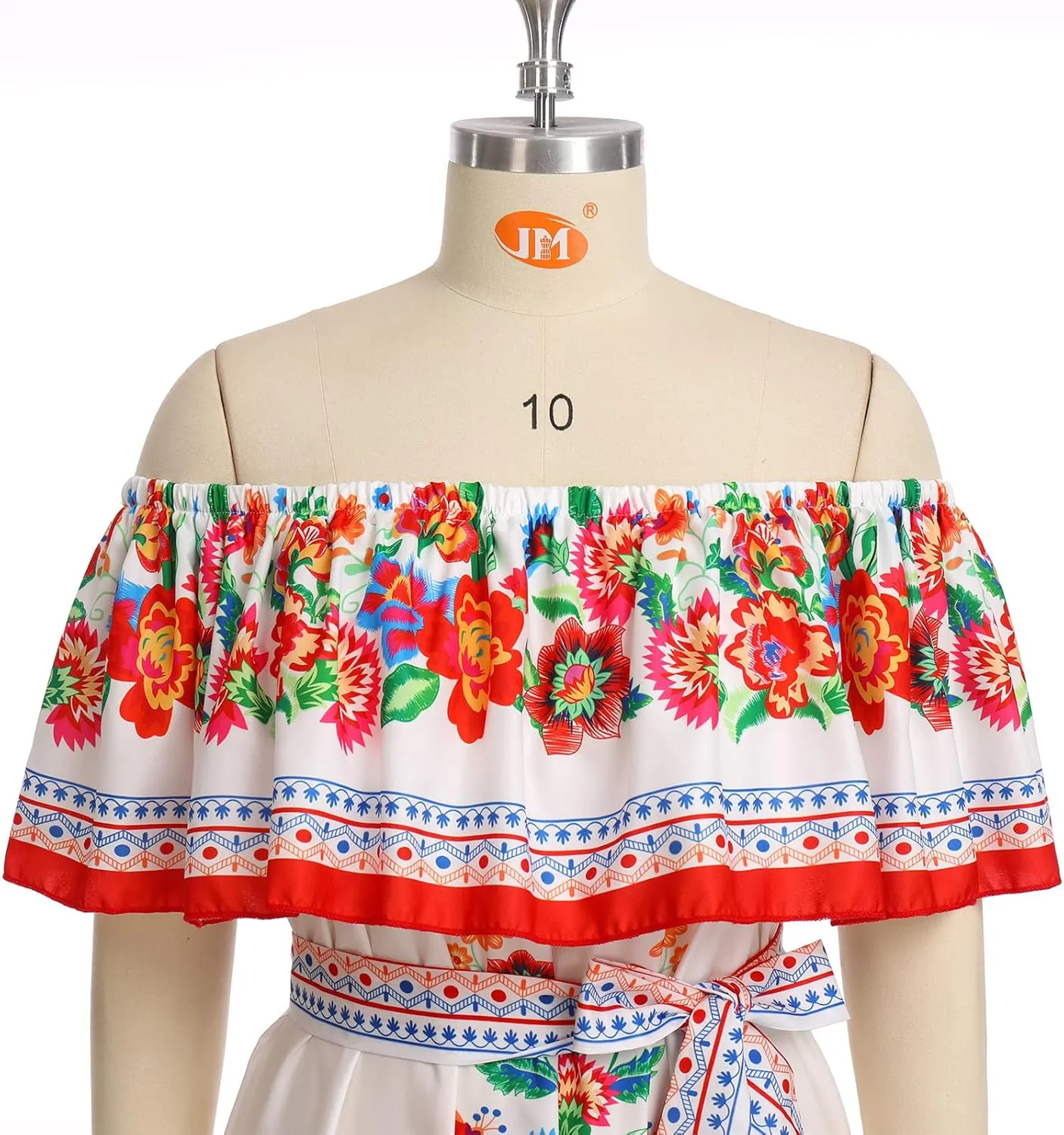 Mexican Dress for Women Off Shoulder Floral Print Long Maxi Dress Summer Cinco de Mayo Party Dresses with Belt