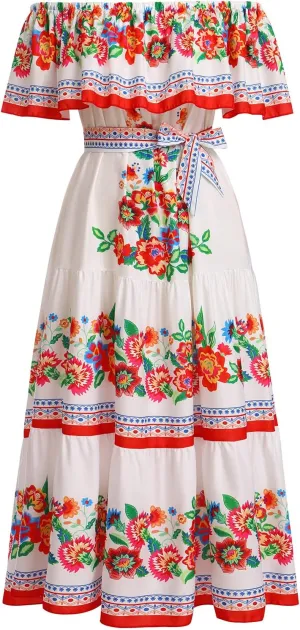 Mexican Dress for Women Off Shoulder Floral Print Long Maxi Dress Summer Cinco de Mayo Party Dresses with Belt