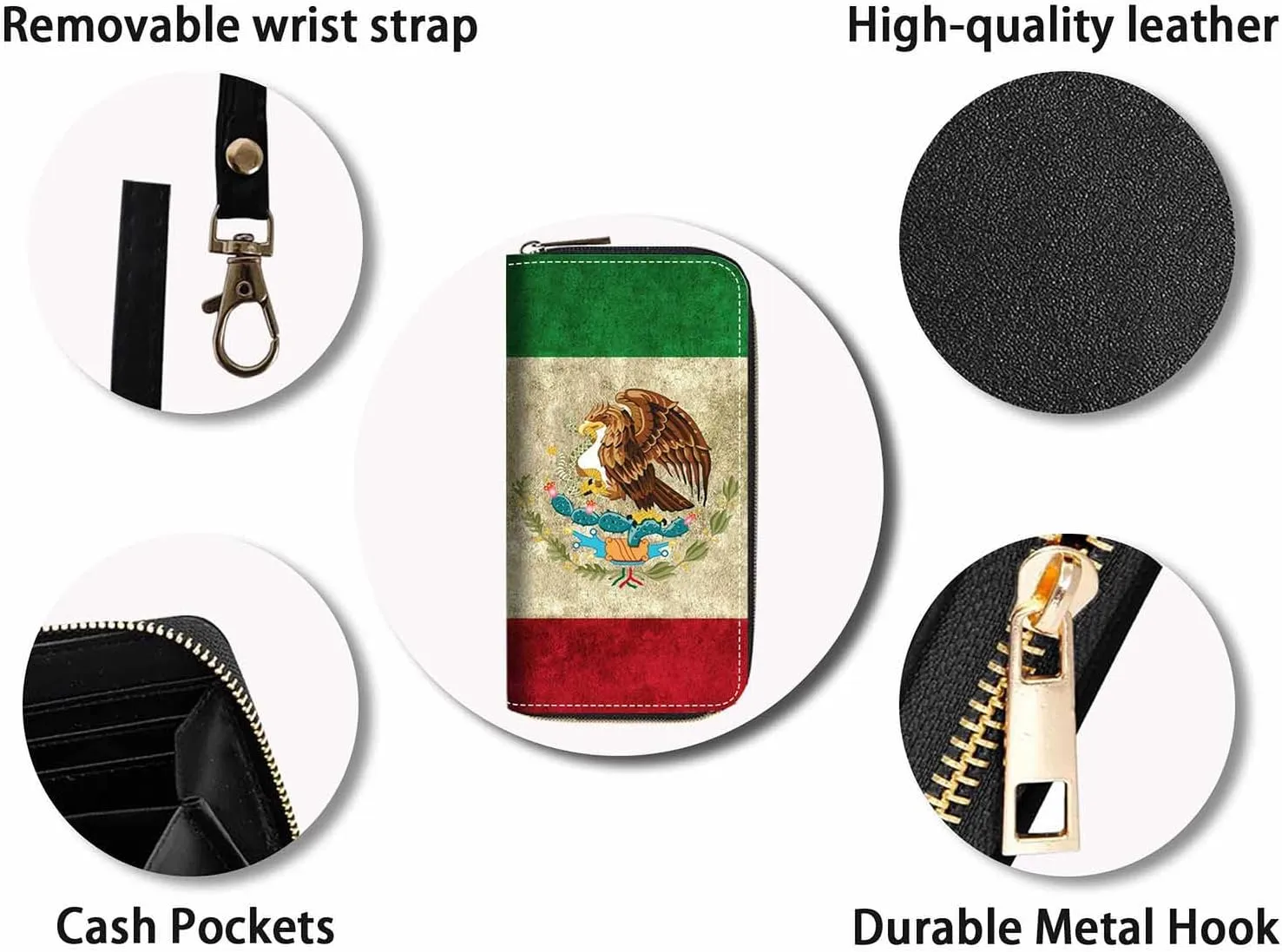 Mexican Flag Print Women Large Capacity Wallet PU Leather Zipper Clutch Purse for Smart Phone/Card/Coin/Cash